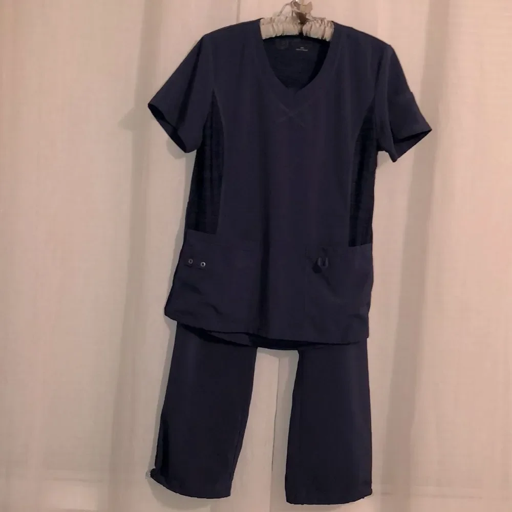 UP PSM & M - Indigo With Heathered Navy Inset Scrub Set Top M, Bottom PSM